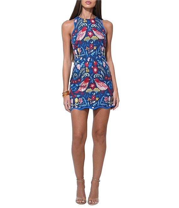 Adelyn Rae Round Neck Sleeveless Embroidered Bird Scallop Hem Mini Dress Product Image