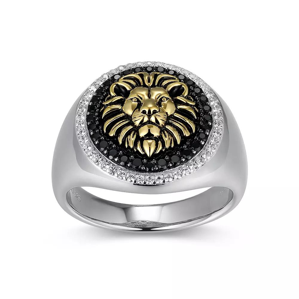 Two-Tone Sterling Silver Black Spinel and Lab-Created White Sapphire Lion Men's Ring, Size: 11, Two Tone Product Image