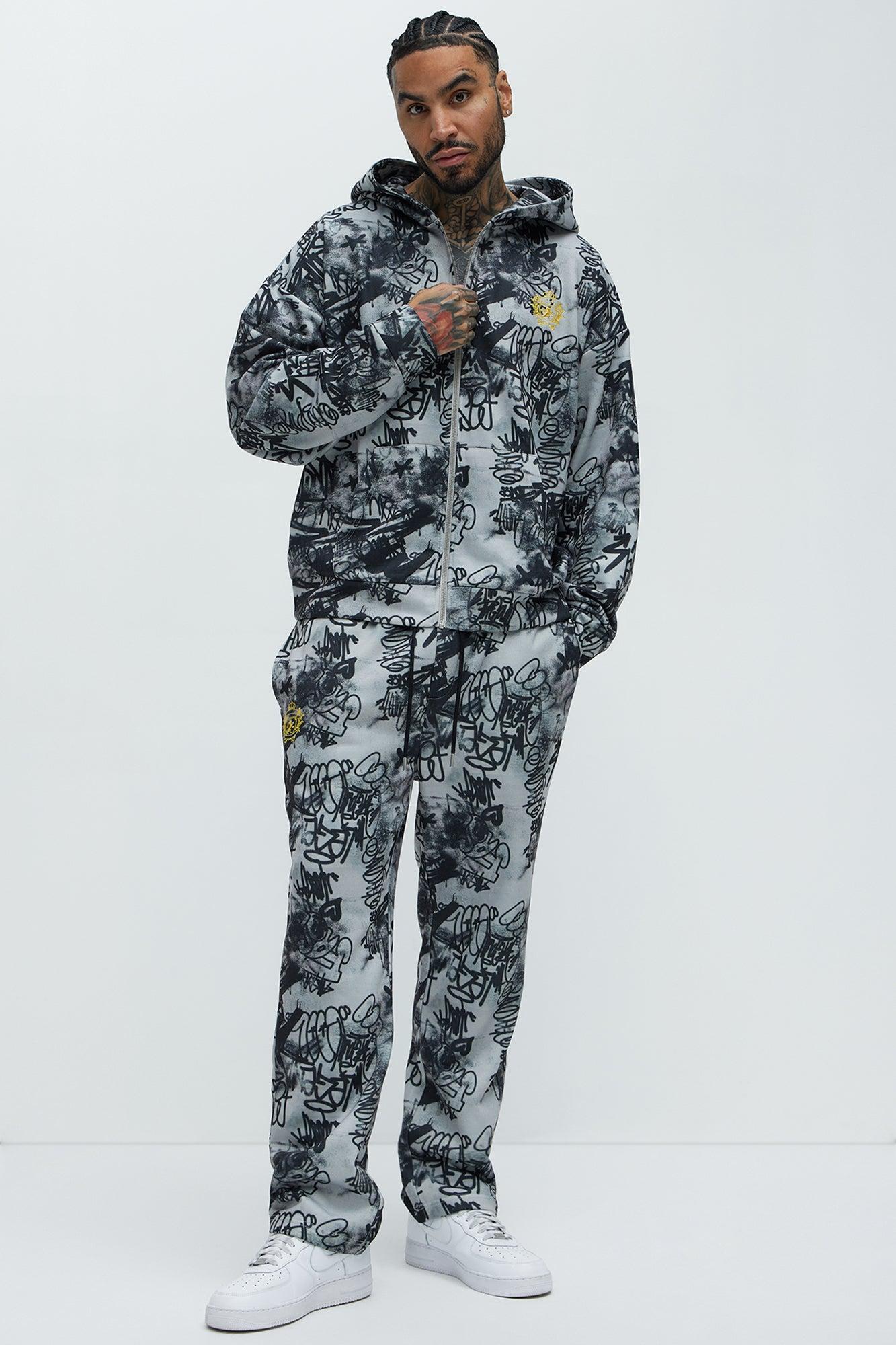 Vandal Oversized Graffiti Zip Up Hoodie - Grey Product Image