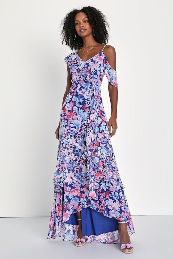 Radiant Blue Floral Print Chiffon Maxi Dress Product Image