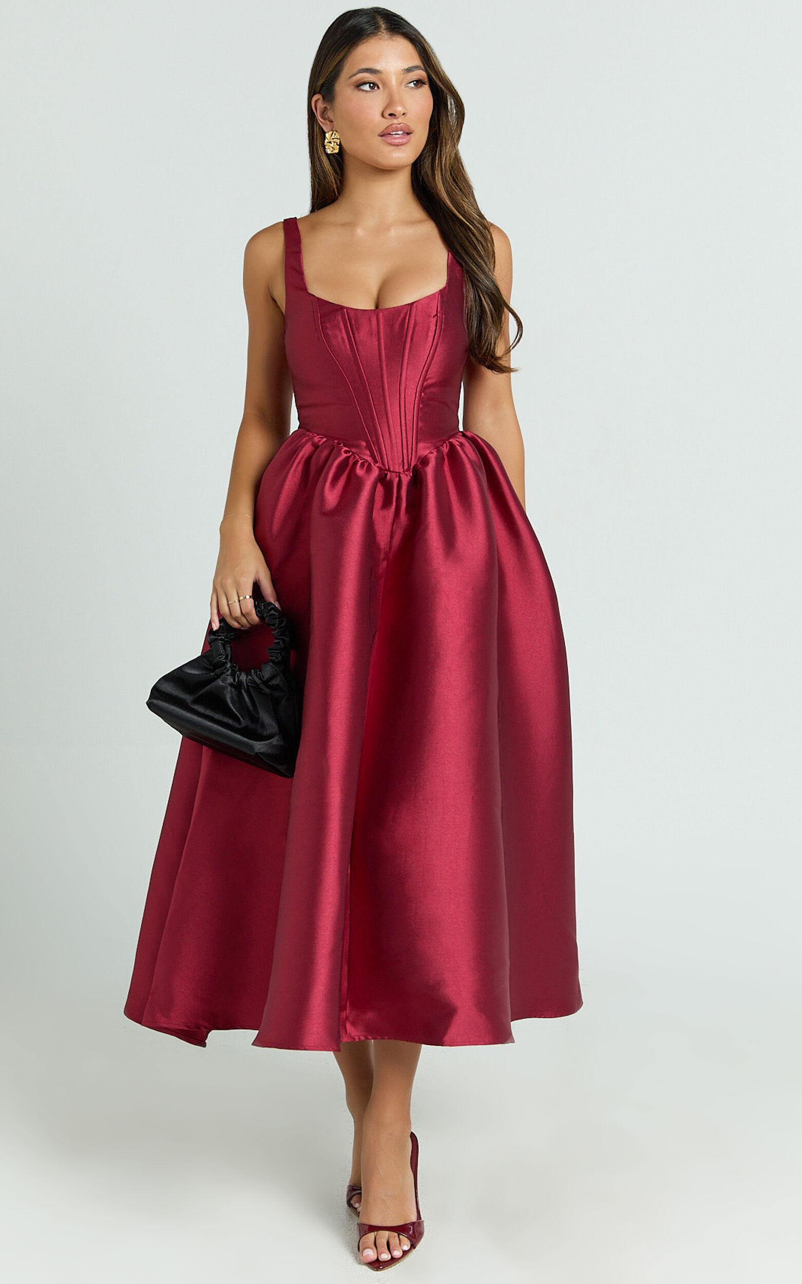 Courtney Midi Dress - Corset Panel Low Back Dress in Wine Product Image