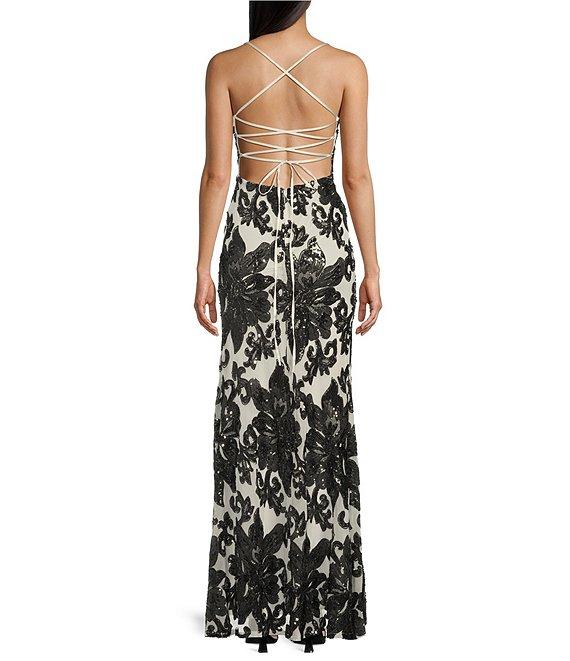 Midnight Doll Floral Sequin-Lace Up Spaghetti Strap Square Neck Dress Product Image