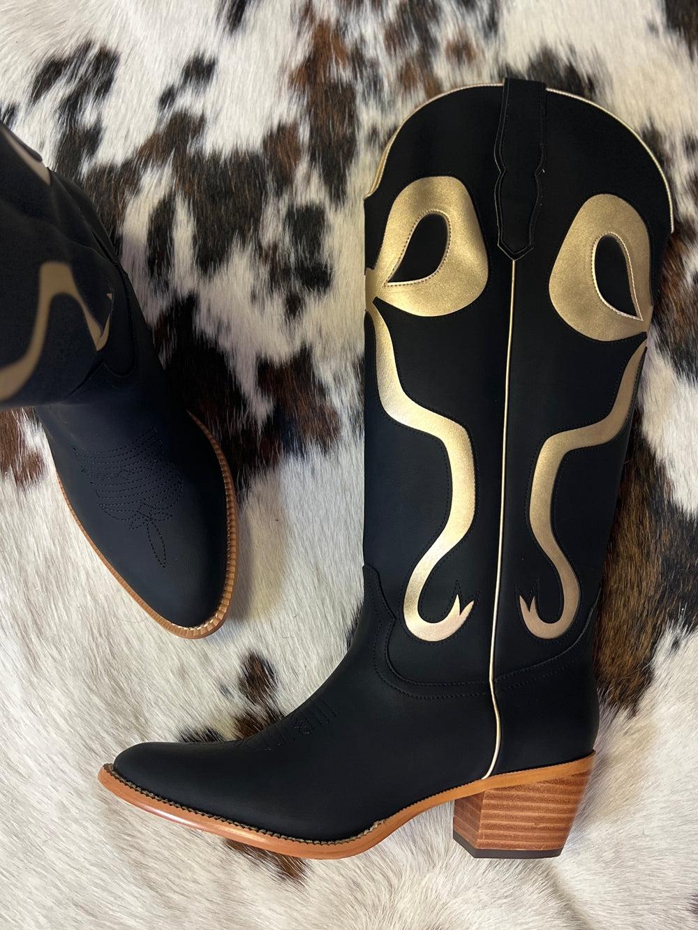 Black and Gold Bow Boots Product Image