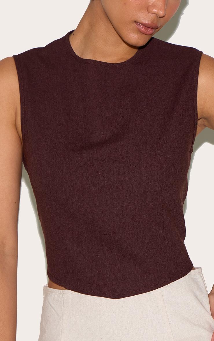 Chocolate Linen Look Boxy Pointed Hem Top Product Image