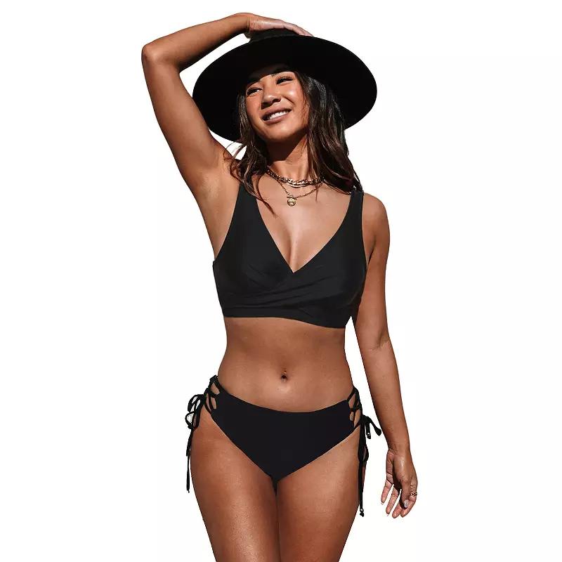 Women's Cupshe Black Lace-Up Bralette & Tie Side Bikini Set, Size: Medium Product Image