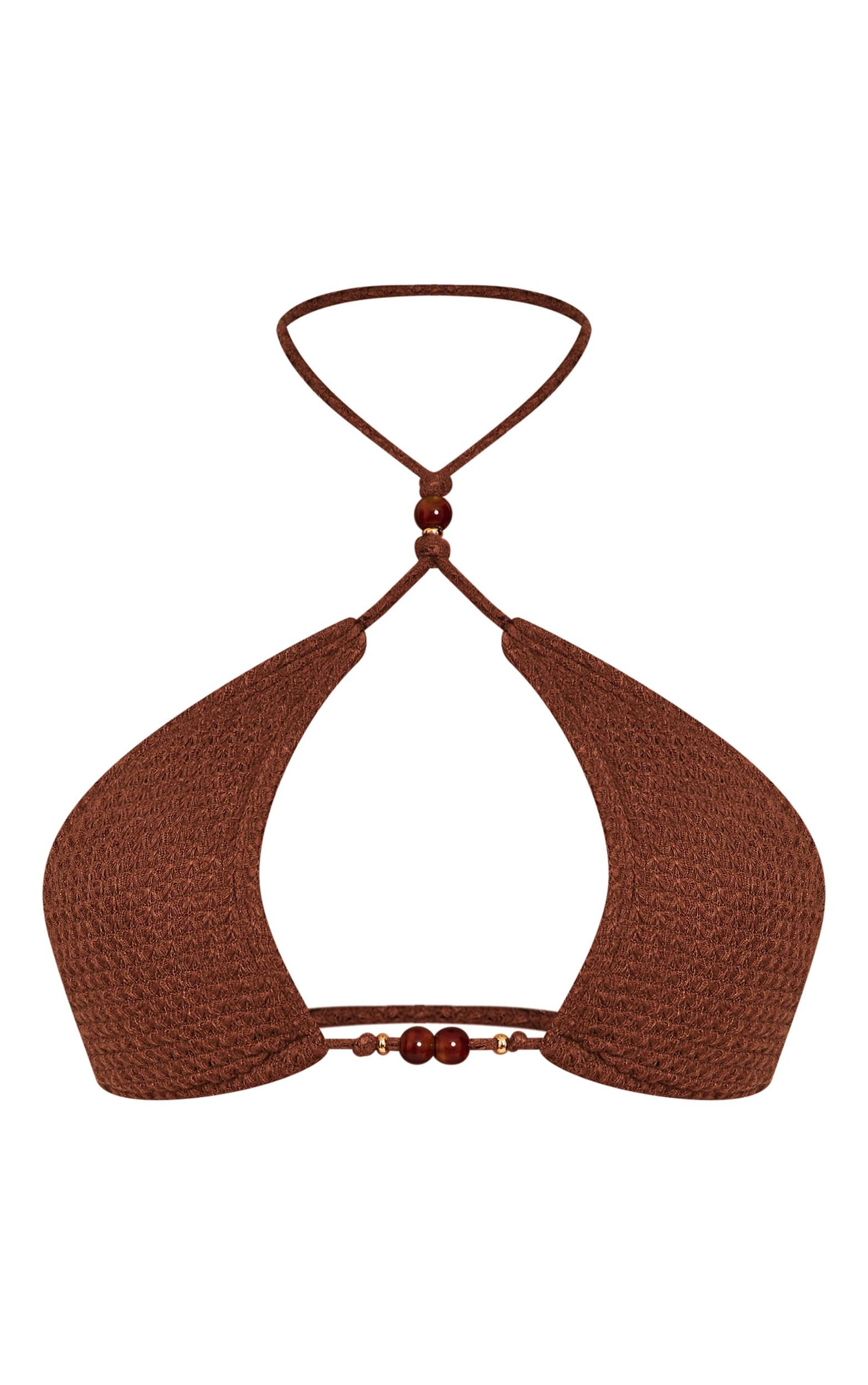  Mocha Crochet Bead Trim Halter Neck Bikini Top Product Image