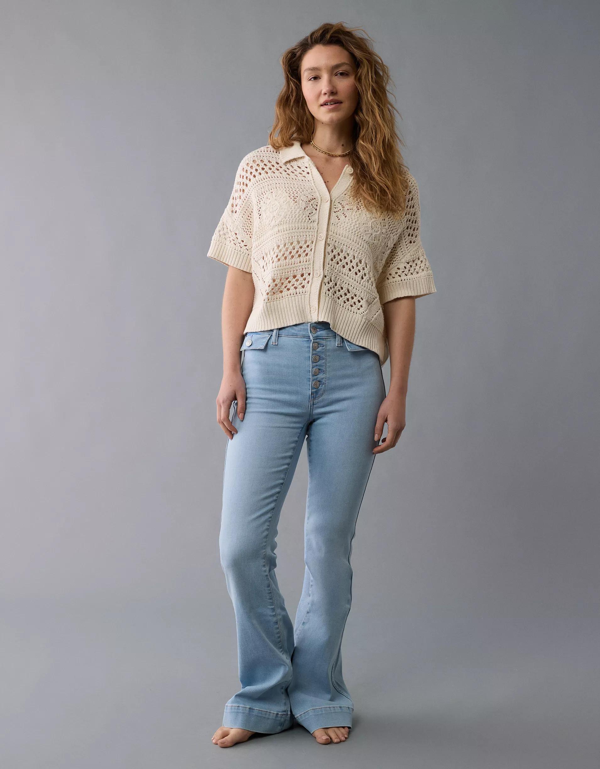 AE Crochet Button-Up Sweater Polo Shirt Product Image