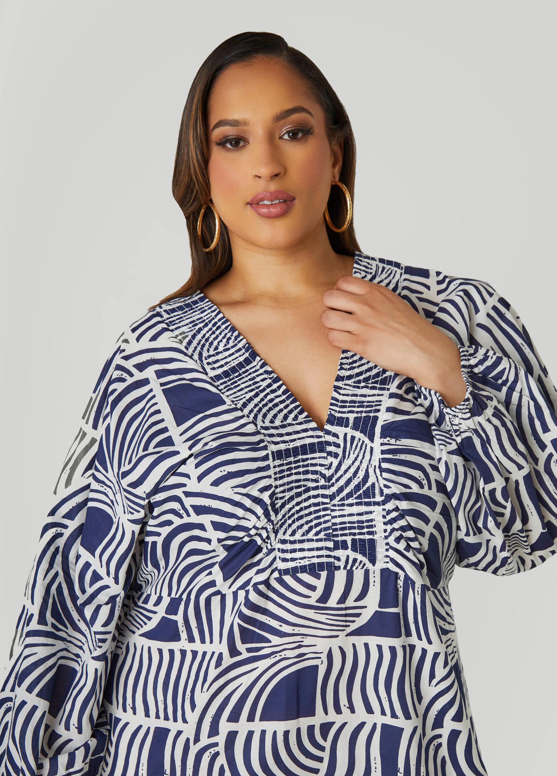 Plus Size Shirred Printed Cotton Dress Ashley Stewart Product Image