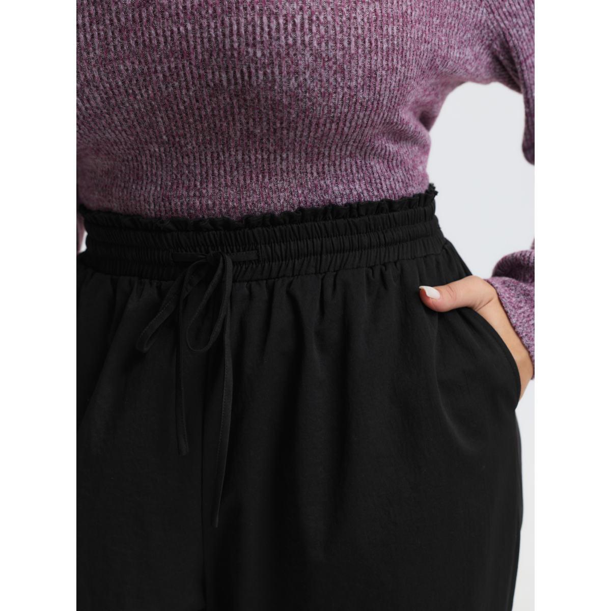 Plus Size Ruffled Waist Drawstring Tapered Pants Women Black Leisure Mid Rise Casual Pants BloomChic 22-24/3X Product Image