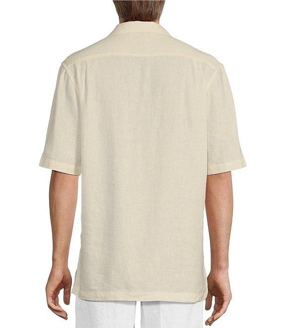 Caribbean Tropical Scenic Embroidery Linen Short Sleeve Woven Camp Shirt Product Image