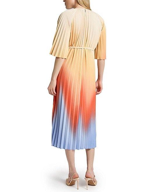 MISOOK Crepe De Chine Ombre Pleated Keyhole Neck Elbow Flutter Sleeve Midi Dress Product Image