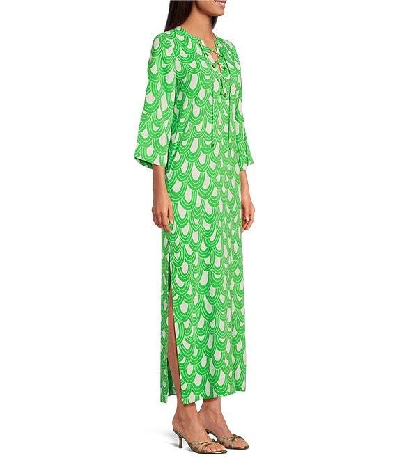 Trina Turk Catamaran Drape Print Lace-Up V-Neck 3/4 Sleeve Maxi Dress Product Image
