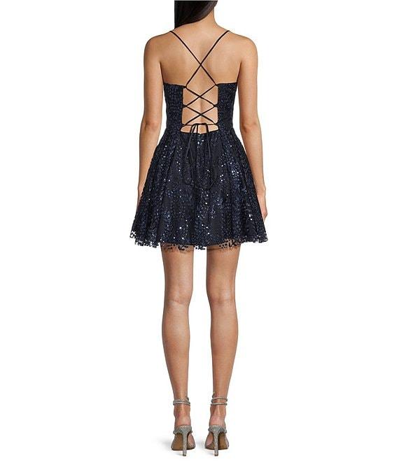 Blondie Nites Glitter Pattern Cinched Front Lace-Up Back Fit & Flare Dress Product Image