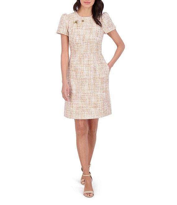 Vince Camuto Tweed Round Neck Short Sleeve Broach Detail A-Line Dress Product Image