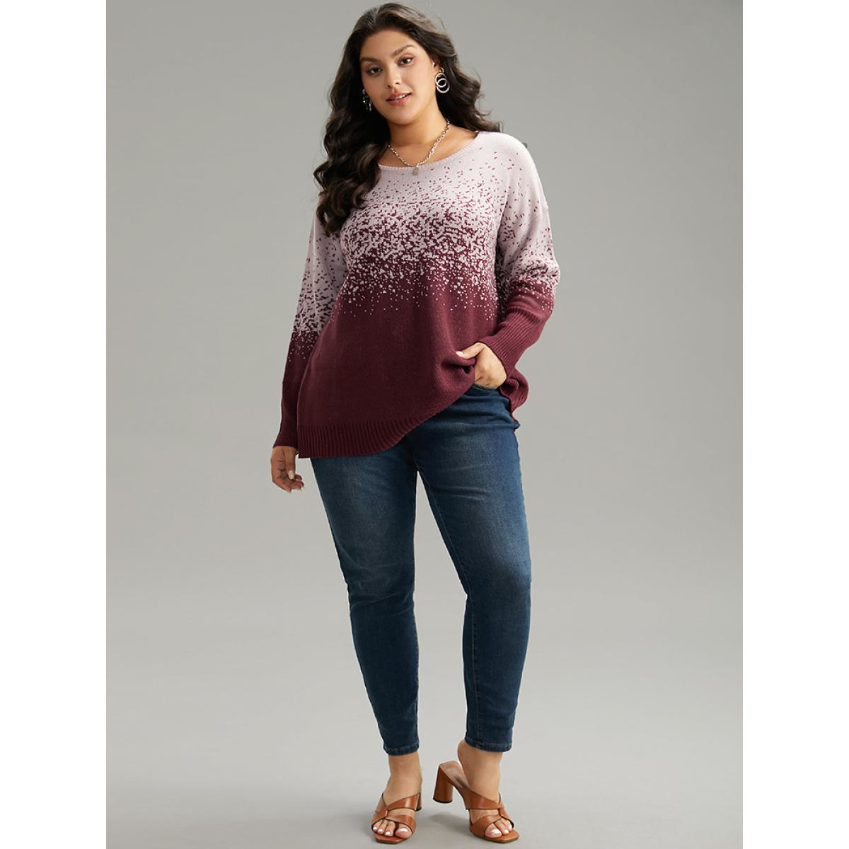 Plus Size Ombre Contrast Heather Round Neck Pullover Burgundy Women Casual Loose Long Sleeve Round Neck Dailywear Pullovers BloomChic 22-24/3X Product Image
