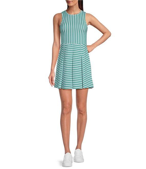 Addison Bay Racquet Striped Print Crew Neck Sleeveless Pleated Active Dress Product Image