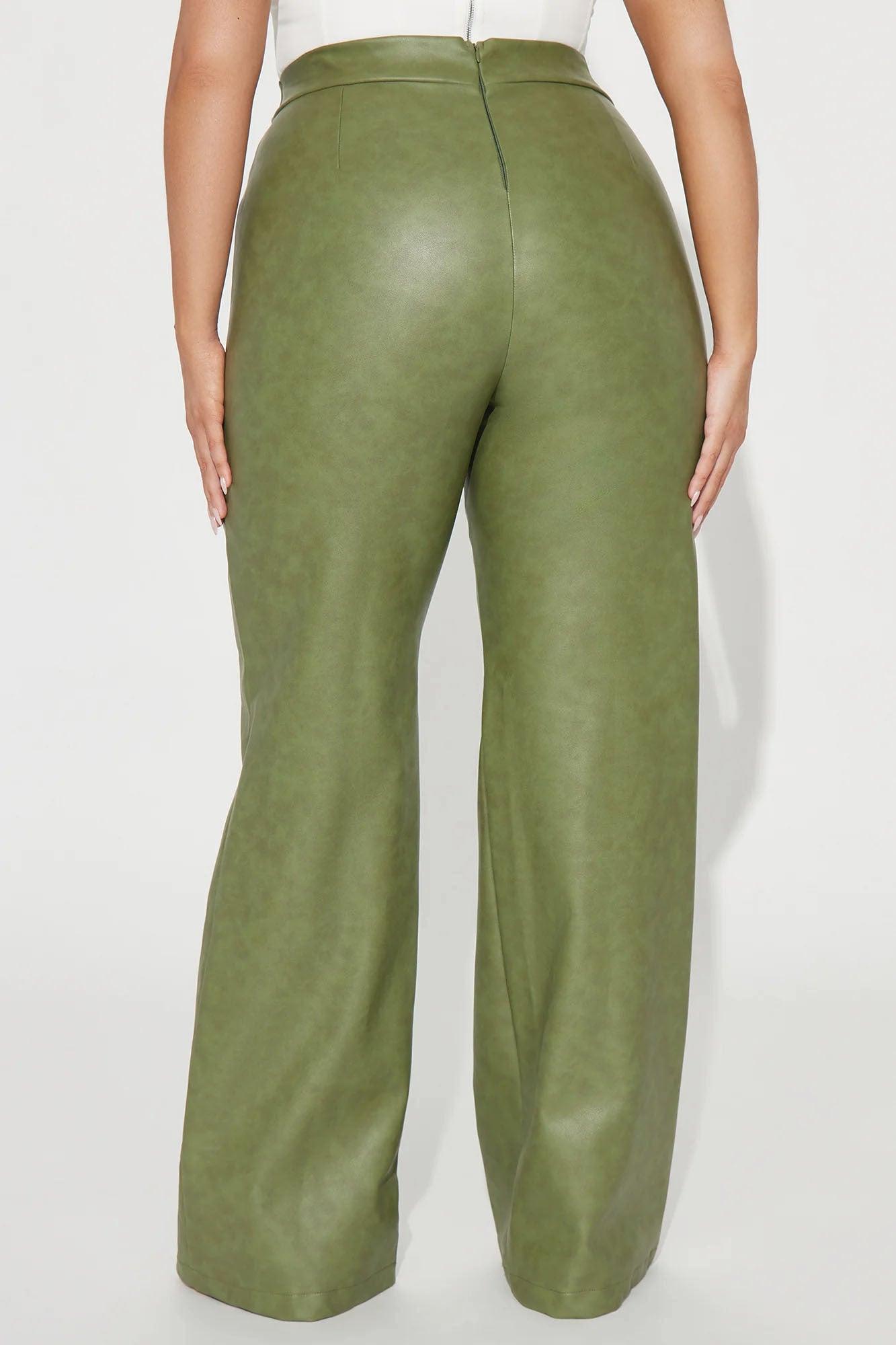 Victoria High Waisted Washed Faux Leather Dress Pants - Olive Product Image