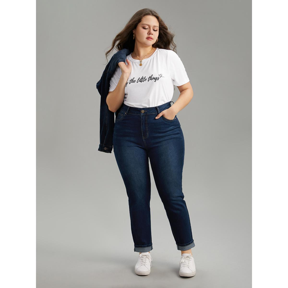 Plus Size Cutoff Roll Hem Full Length Jeans Women DarkBlue Casual Plain Plain High stretch Pocket Jeans BloomChic 22/3X Product Image