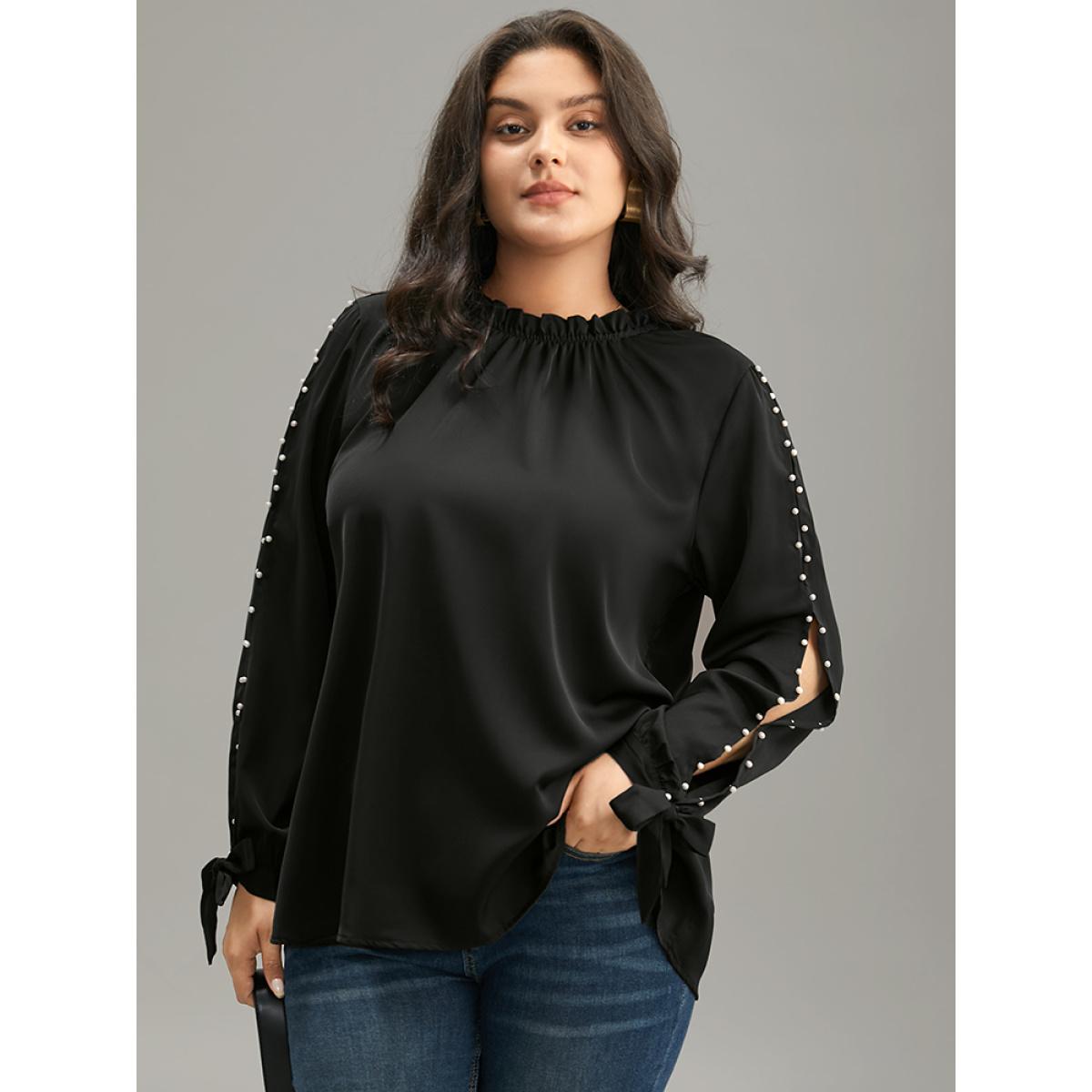 Plus Size Black Anti-Wrinkle Pearl Beaded Ties Cut Out Blouse Women Office Long Sleeve Halter neck Office Blouses BloomChic 18-20/2X Product Image