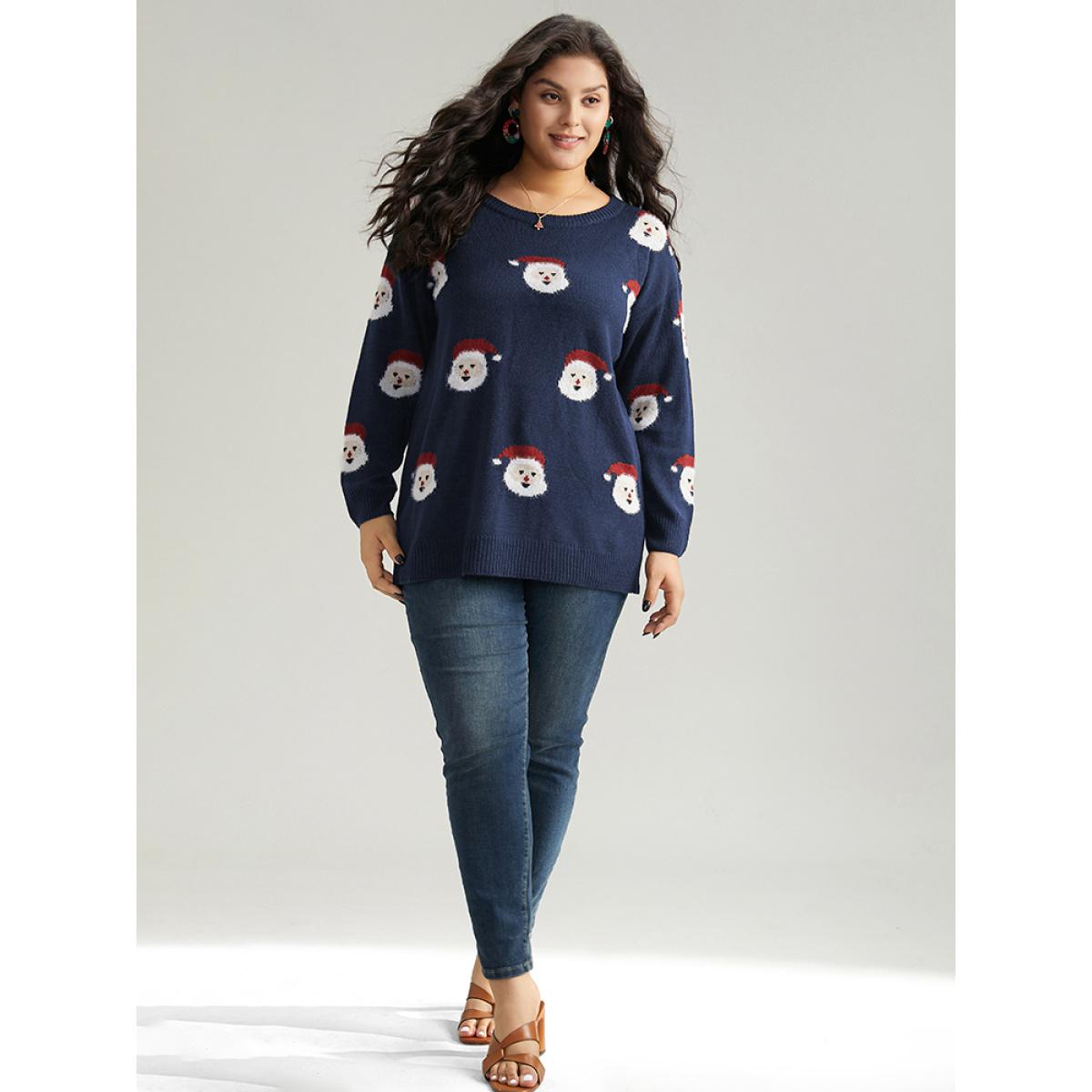 Plus Size Jolly Fellow Motifs Round Neck Pullover Midnight Women Casual Long Sleeve Round Neck Festival-Christmas Pullovers BloomChic 22-24/3X Product Image