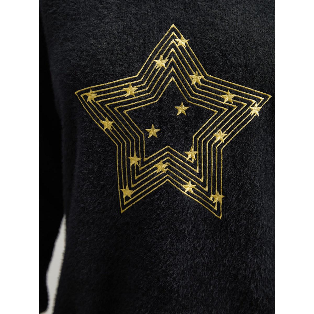 Plus Size Star Embroidered Contrast Trim Pullover Black Women Casual Loose Long Sleeve Round Neck Dailywear Pullovers BloomChic 30/6X Product Image