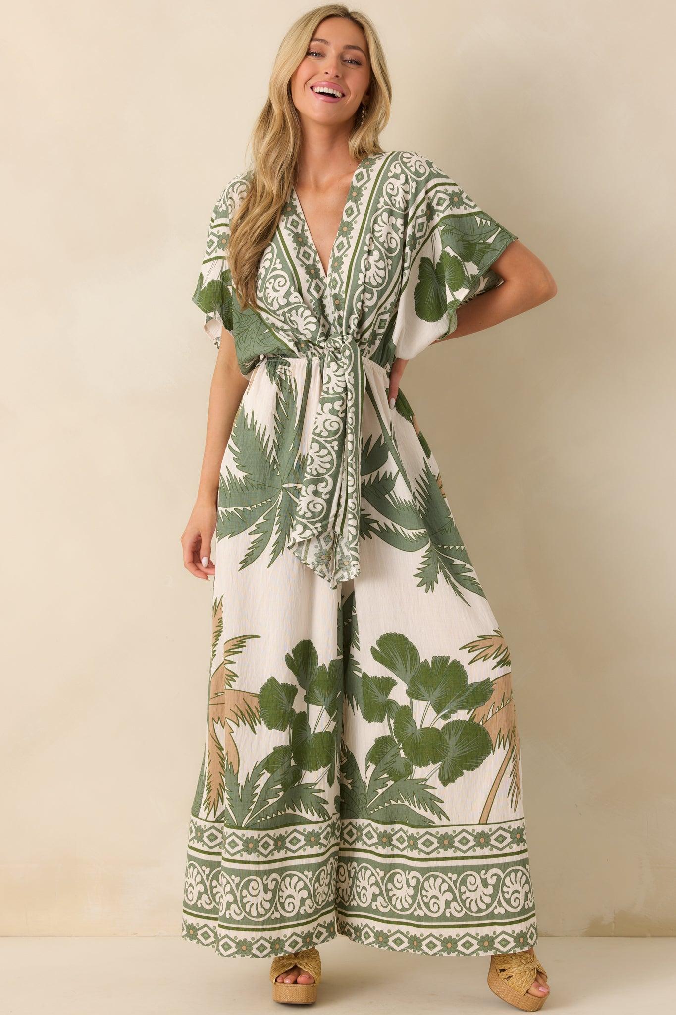 Leave Them Guessing Green Multi Tropical Print Jumpsuit Product Image