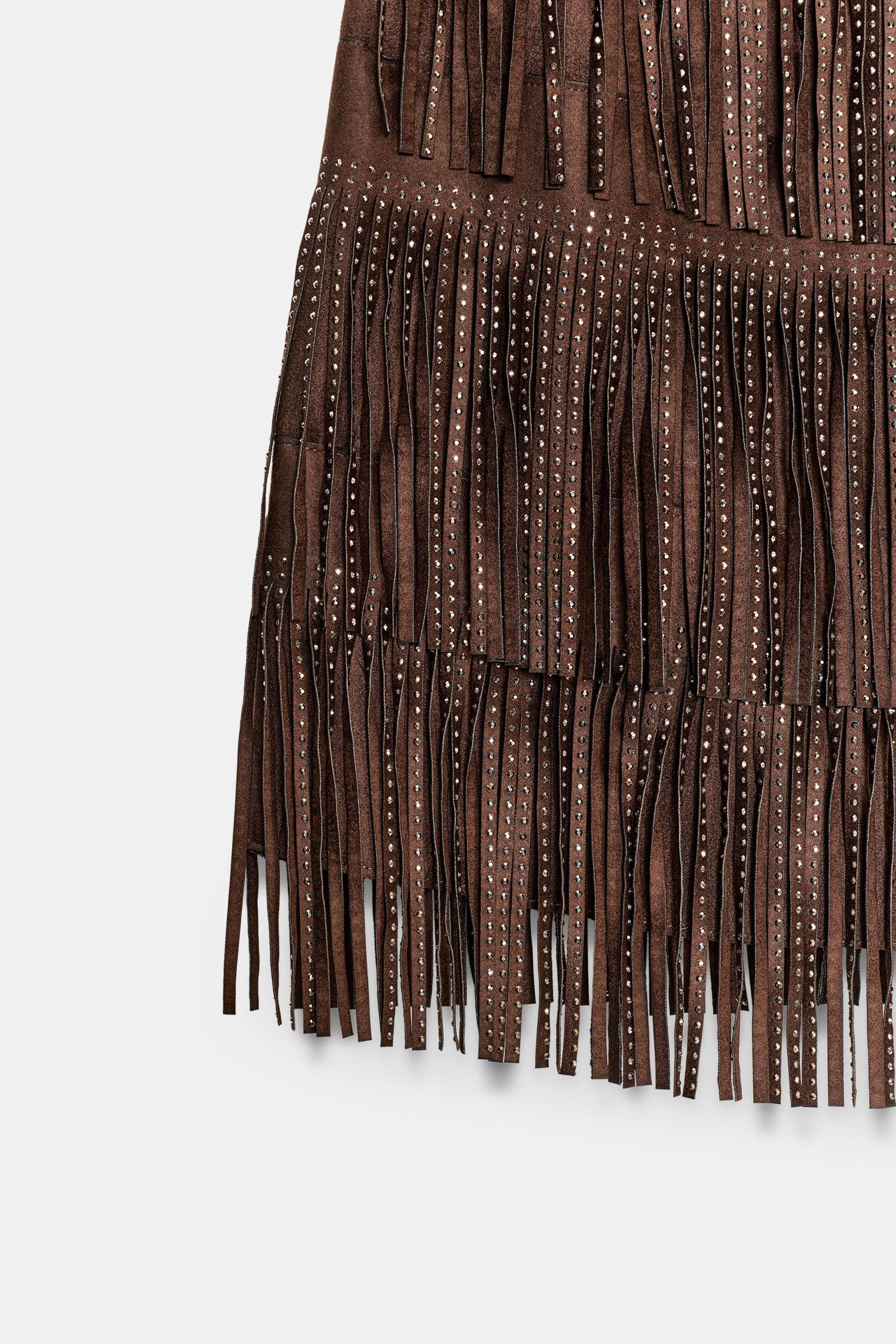 SHIMMERING FAUX SUEDE FRINGE SKIRT Product Image