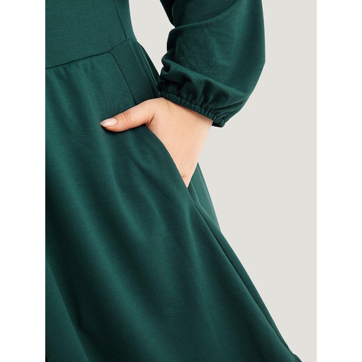 Plus Size Hooded Lantern Sleeve Flutter Hem Dress Scarlet Women Casual Elastic cuffs Hooded Long Sleeve Curvy Midi Dress BloomChic 12/L Product Image