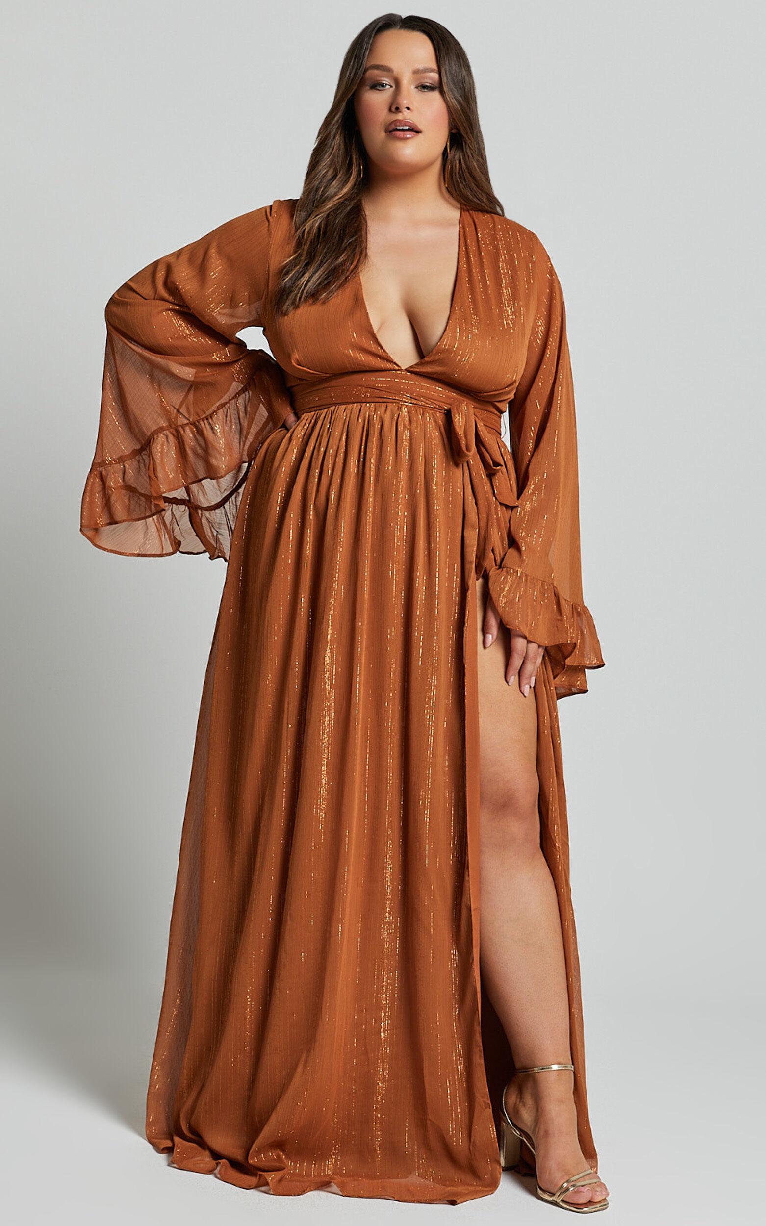 Dangerous Woman Maxi Dress - Plunge Thigh Split Dress in Rust Product Image