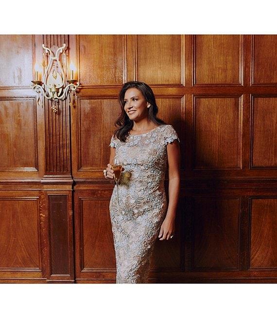 Xscape Lace Boat Neck Short Sleeve Back Slit Gown Product Image