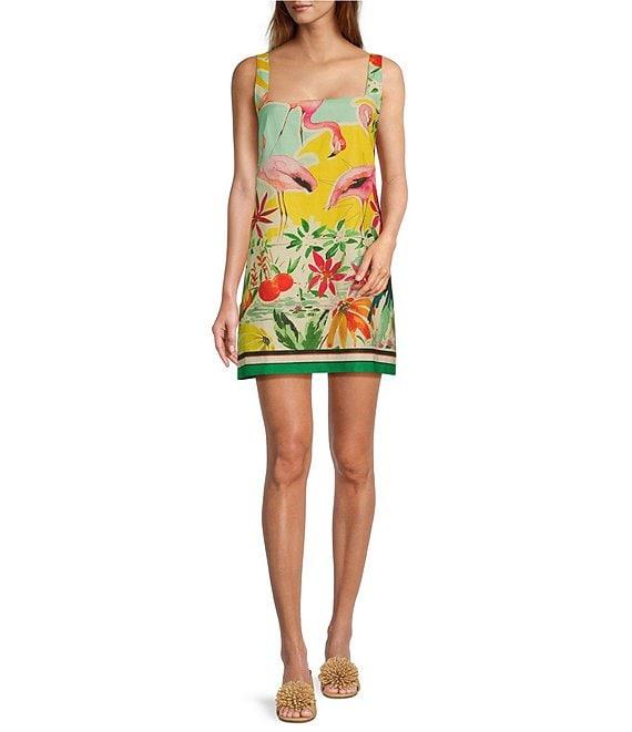 Antonio Melani Eliana Tropical Printed Square Neck Linen Blend Sleeveless Shift Dress Product Image