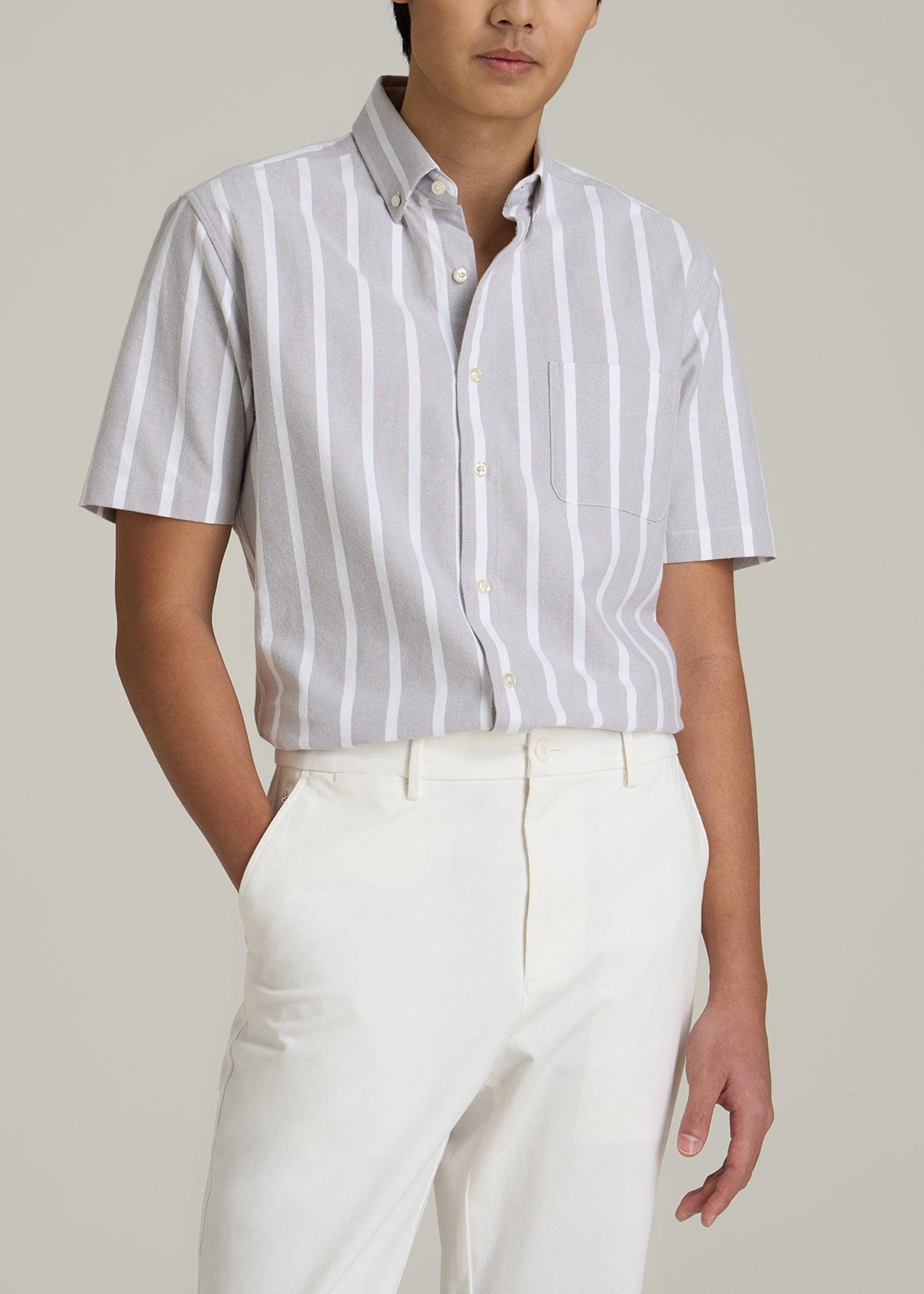 Short Sleeve Oxford Button Shirt For Tall Men in Bold Grey Stripe Male Product Image