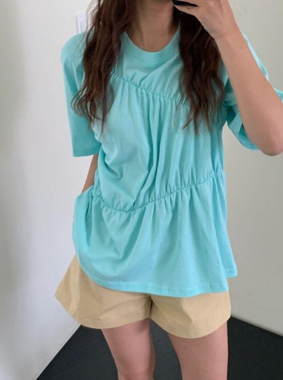 Short Sleeve Plain Ruched Loose-Fit T-Shirt Product Image