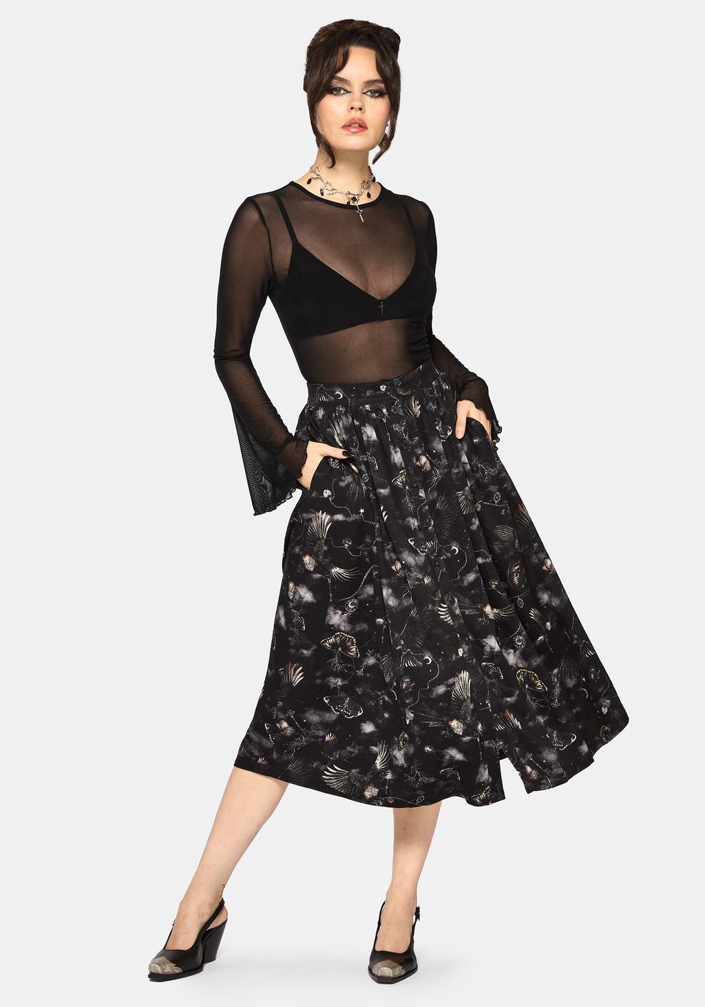 Crimson Magpie and Moth Print Button Up Midi Skirt Product Image
