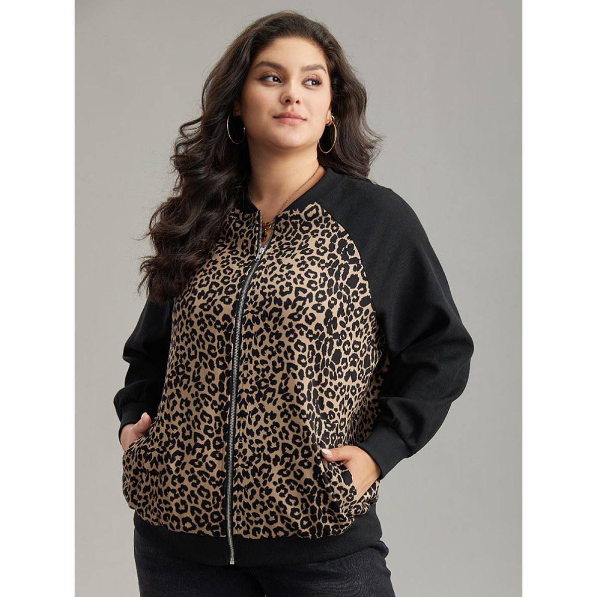 Plus Size Leopard Print Pocket Zipper Bomber Jacket Women Black Contrast Pocket Dailywear Jackets BloomChic 22-24/3X Product Image