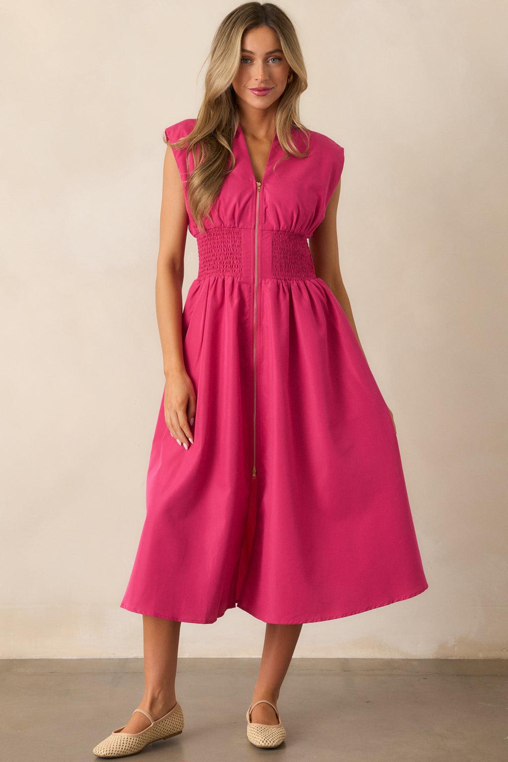 The Evette Magenta Pink Zip Front Midi Dress Product Image