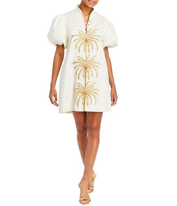 Mestiza New York Elliana Poplin Palm Tree Embroidery Mandarian Collar Short Puff Sleeve Dress Product Image