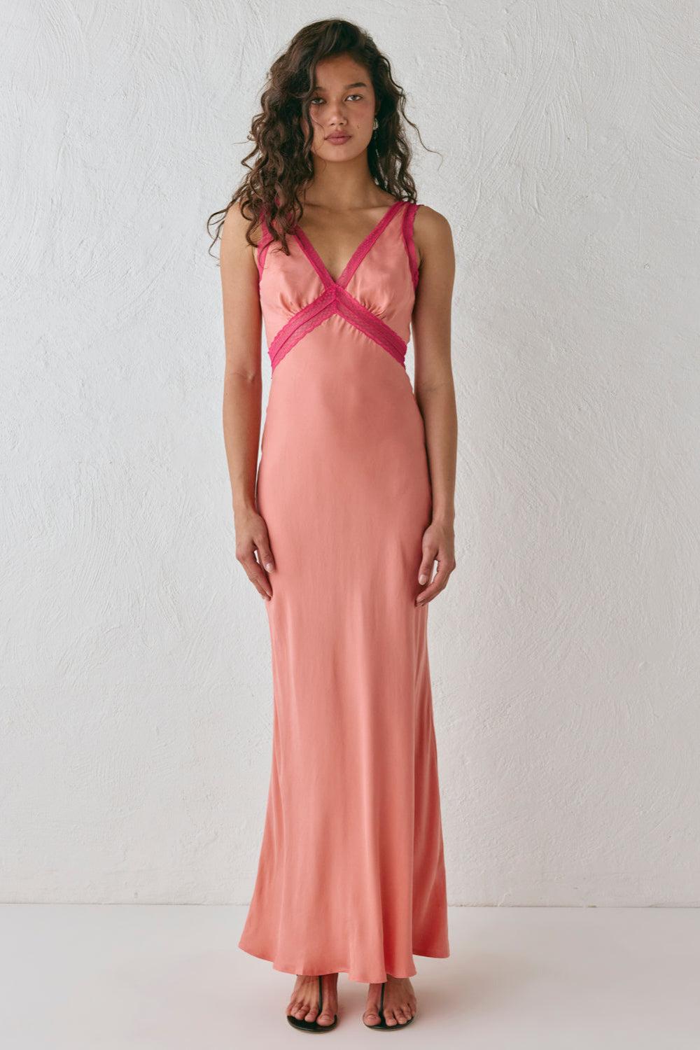 Meet Me On The Dance Floor Bias Cut Maxi Dress Coral Product Image