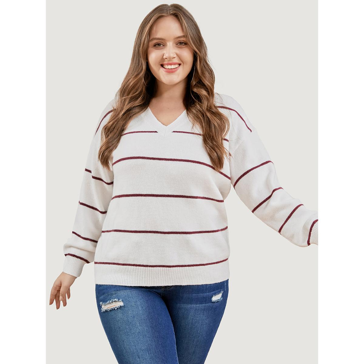 Plus Size Striped Contrast Super Soft Plush Knit V Neck Knit Top Ivory Women Casual Loose Long Sleeve V-neck Dailywear Pullovers BloomChic 28/5X Product Image