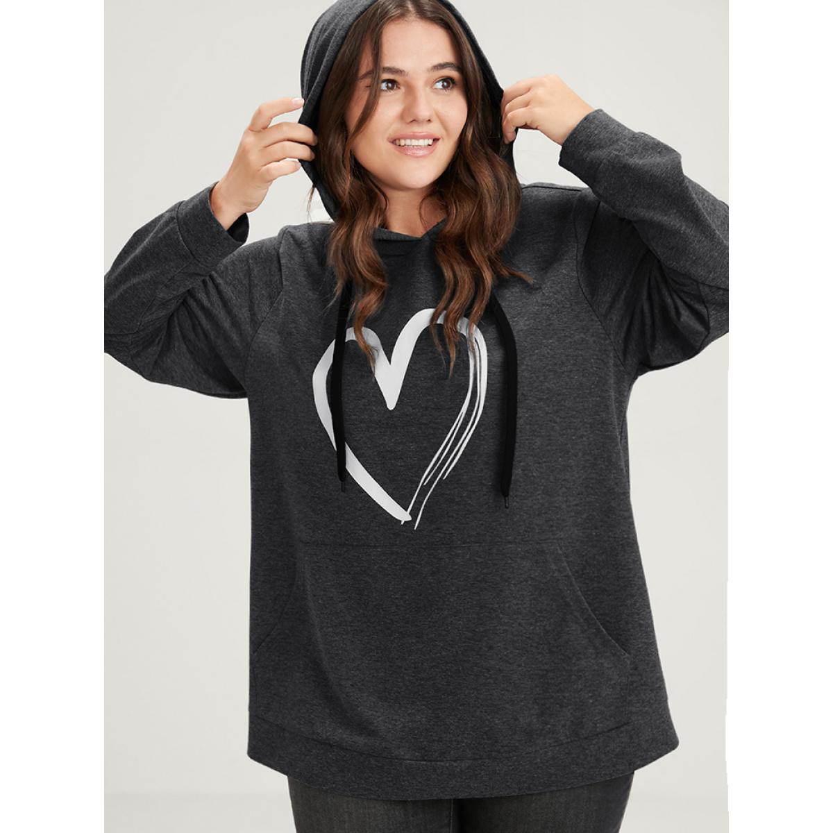 Plus Size Heart Print Drop Shoulder Pocket Drawstring Hooded Sweatshirt Women DarkGray Casual Plain Hooded Dailywear Sweatshirts BloomChic 18-20/2X Product Image
