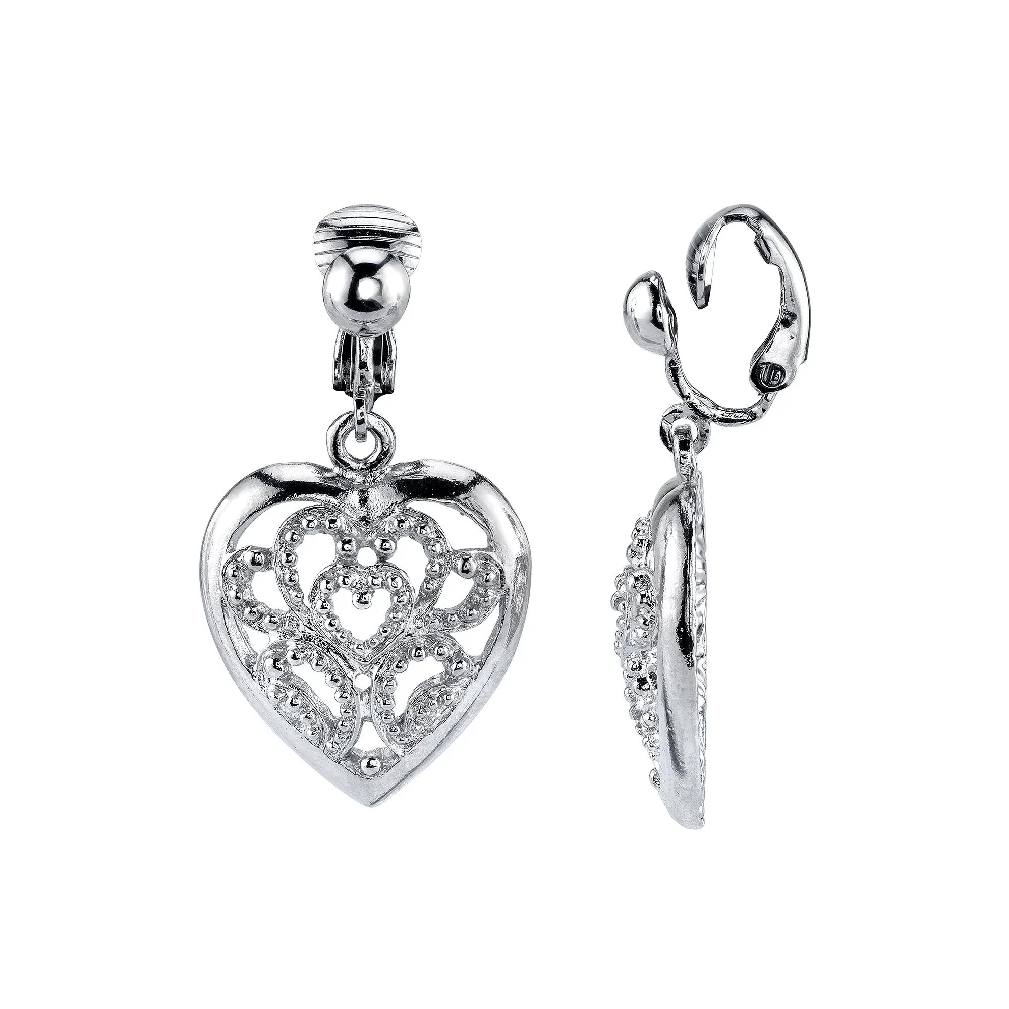 1928 Filigree Heart Clip-On Drop Earrings, Womens, Silver Tone Product Image