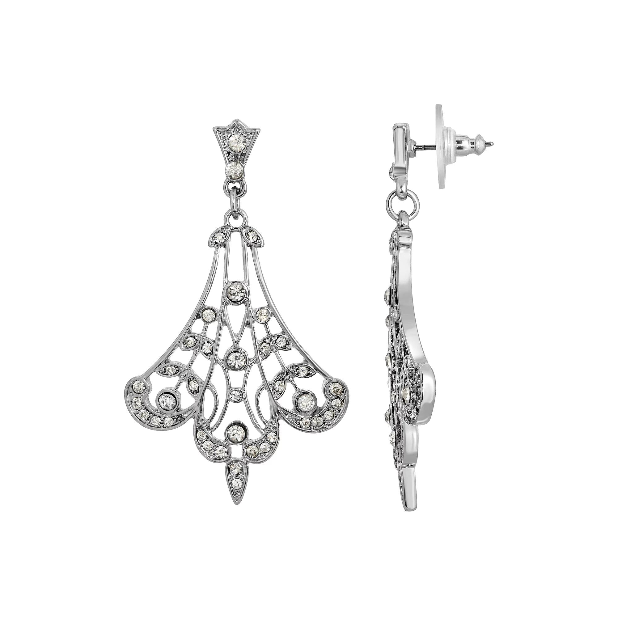 1928 Silver-Tone Crystal Fan Filigree Drop Earrings, Womens, Multi Product Image