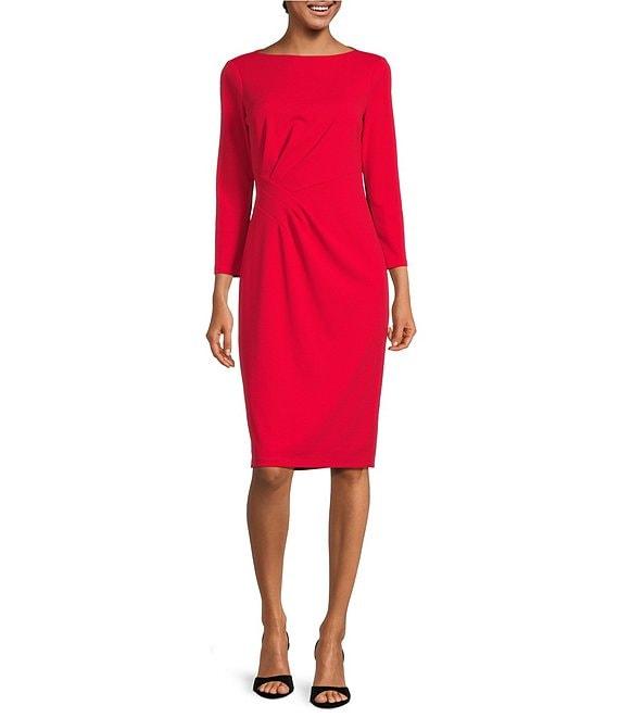 Maggy London Stretch Boat Neck 3/4 Sleeve Pleated Knot Waist Detailed Sheath Dress Product Image