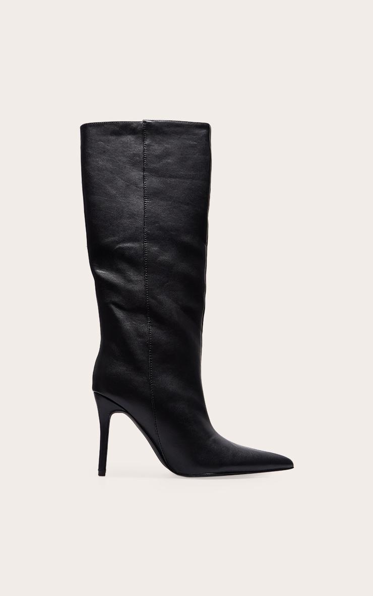 Black PU Point Toe Stiletto Knee High Heeled Boots Product Image