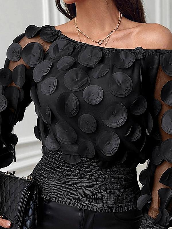Loose Puff Sleeves Elasticity Gauze See-Through Solid Color Split-Joint Round-Neck Blouses Product Image