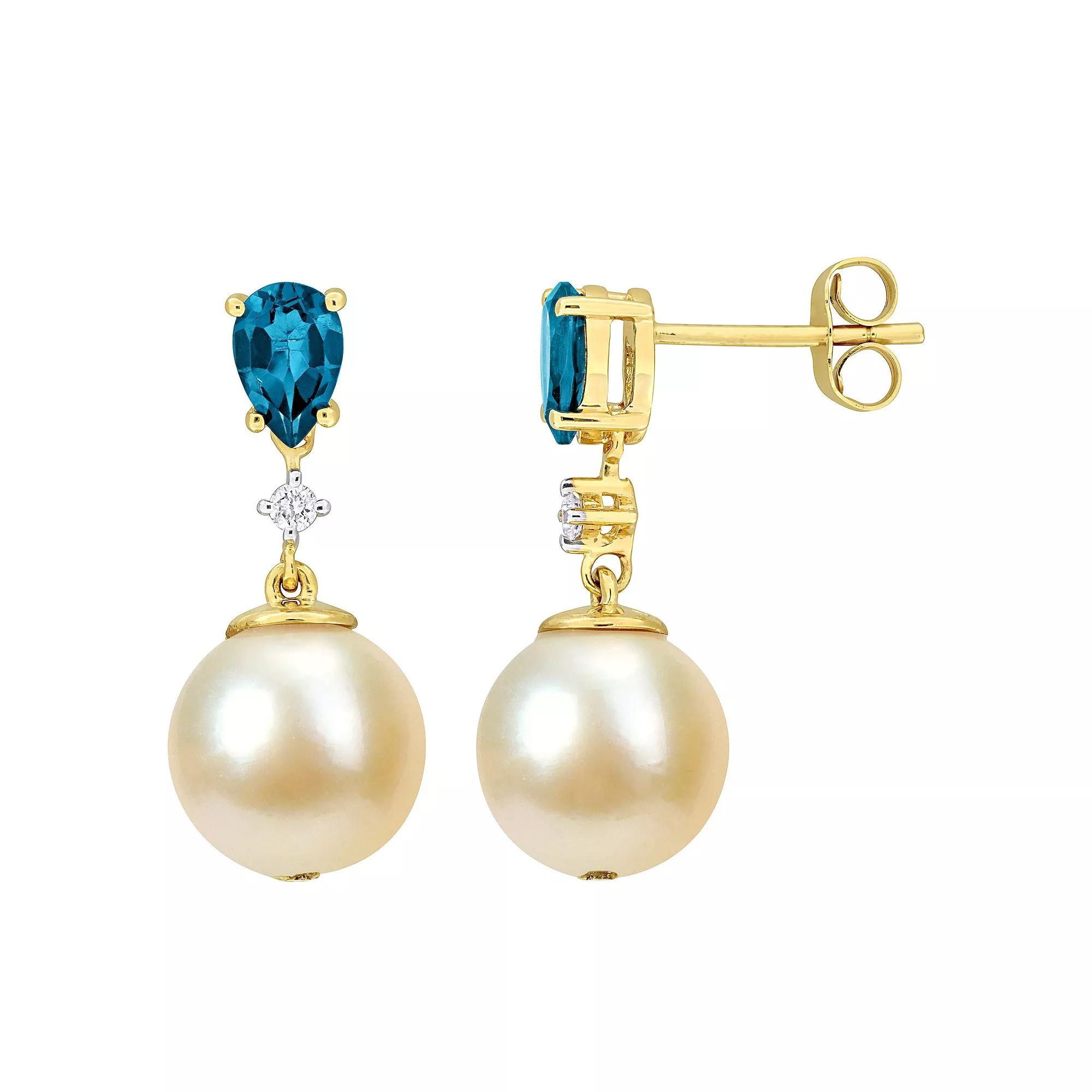 Stella Grace 14k Gold Golden South Sea Cultured Pearl, London Blue Topaz & Diamond Accent Drop Earrings, Women's Product Image