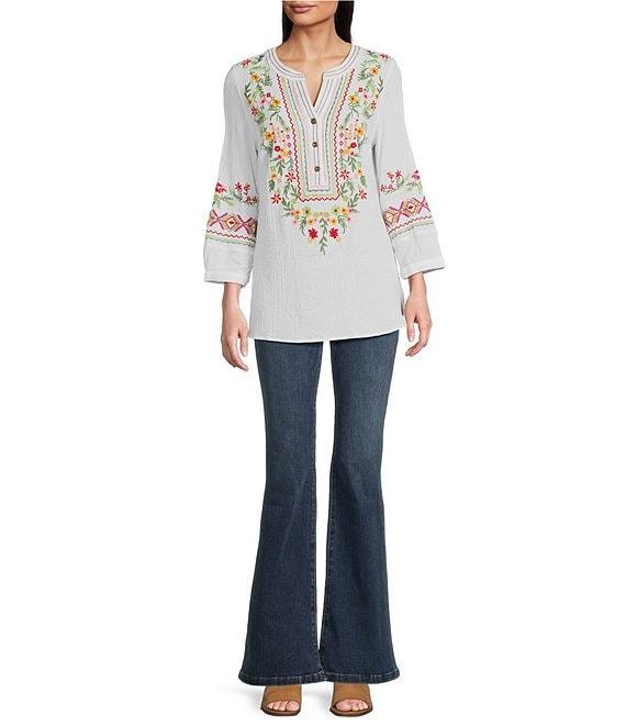 Calessa Petite Size Embroidered Floral Patchwork Split V-Neck 3/4 Sleeve Tunic Product Image