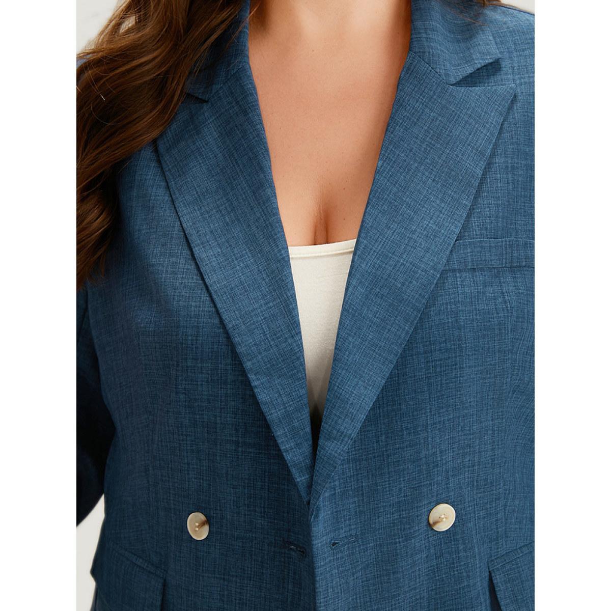 Plus Size Solid Double Breasted Suit Collar Flap Pocket Blazer Indigo Women Office Plain Texture Sleeve Long Sleeve Suit Collar 10/M Pocket At the Office Blazers BloomChic Product Image