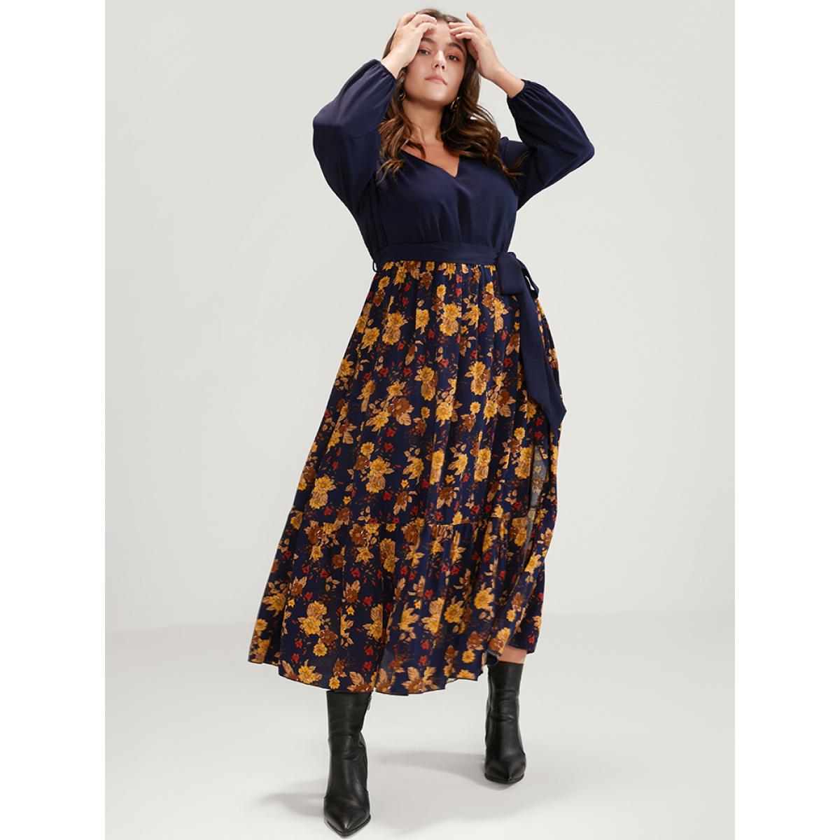 Plus Size Floral Split Lantern Sleeve Pocket Flutter Belted Dress Navy Women Elegant Printed V-neck Long Sleeve Curvy Midi Dress BloomChic 12/L Product Image