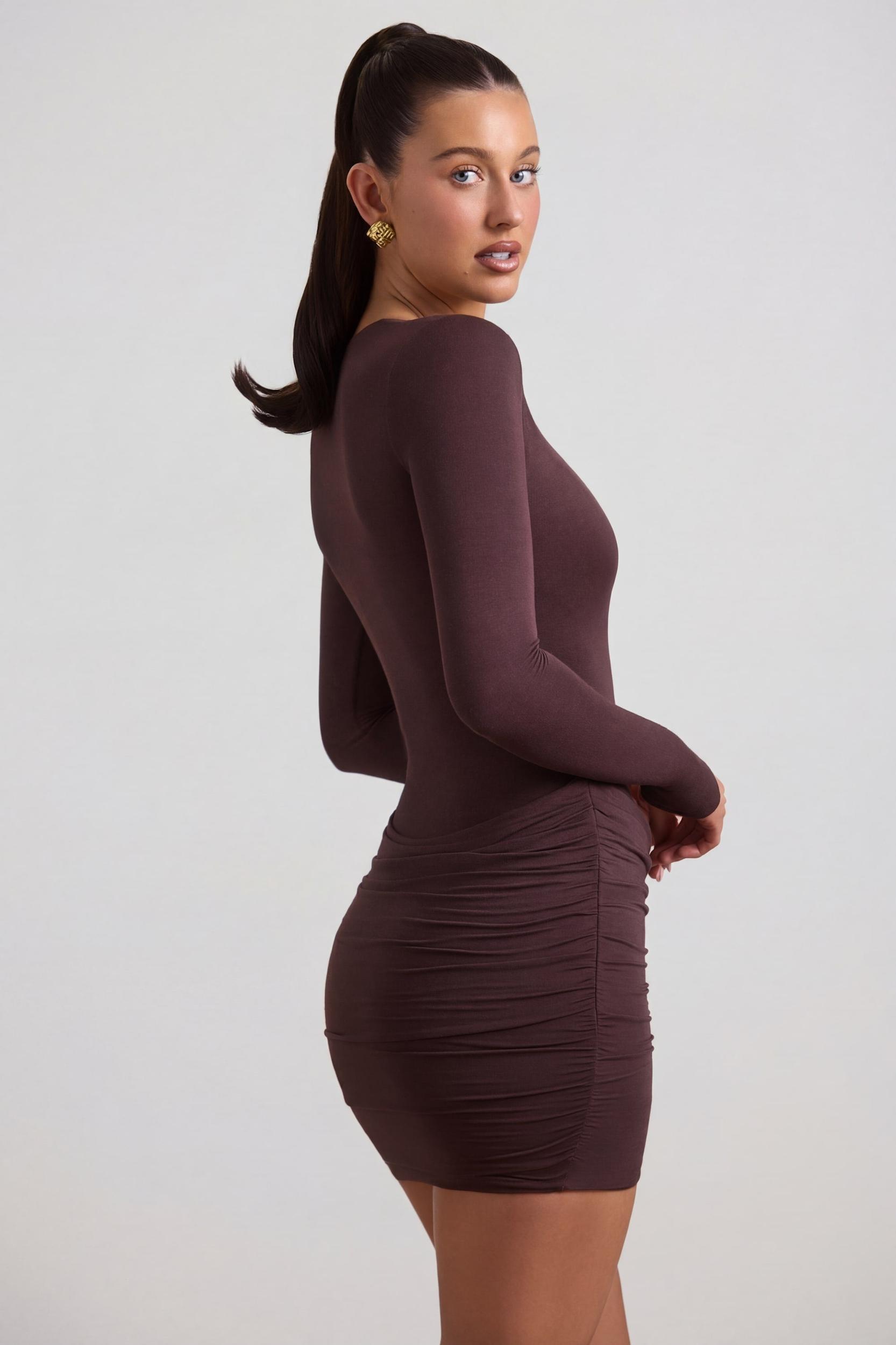 Modal-Cashmere Blend Draped Long-Sleeve Mini Dress in Espresso Product Image